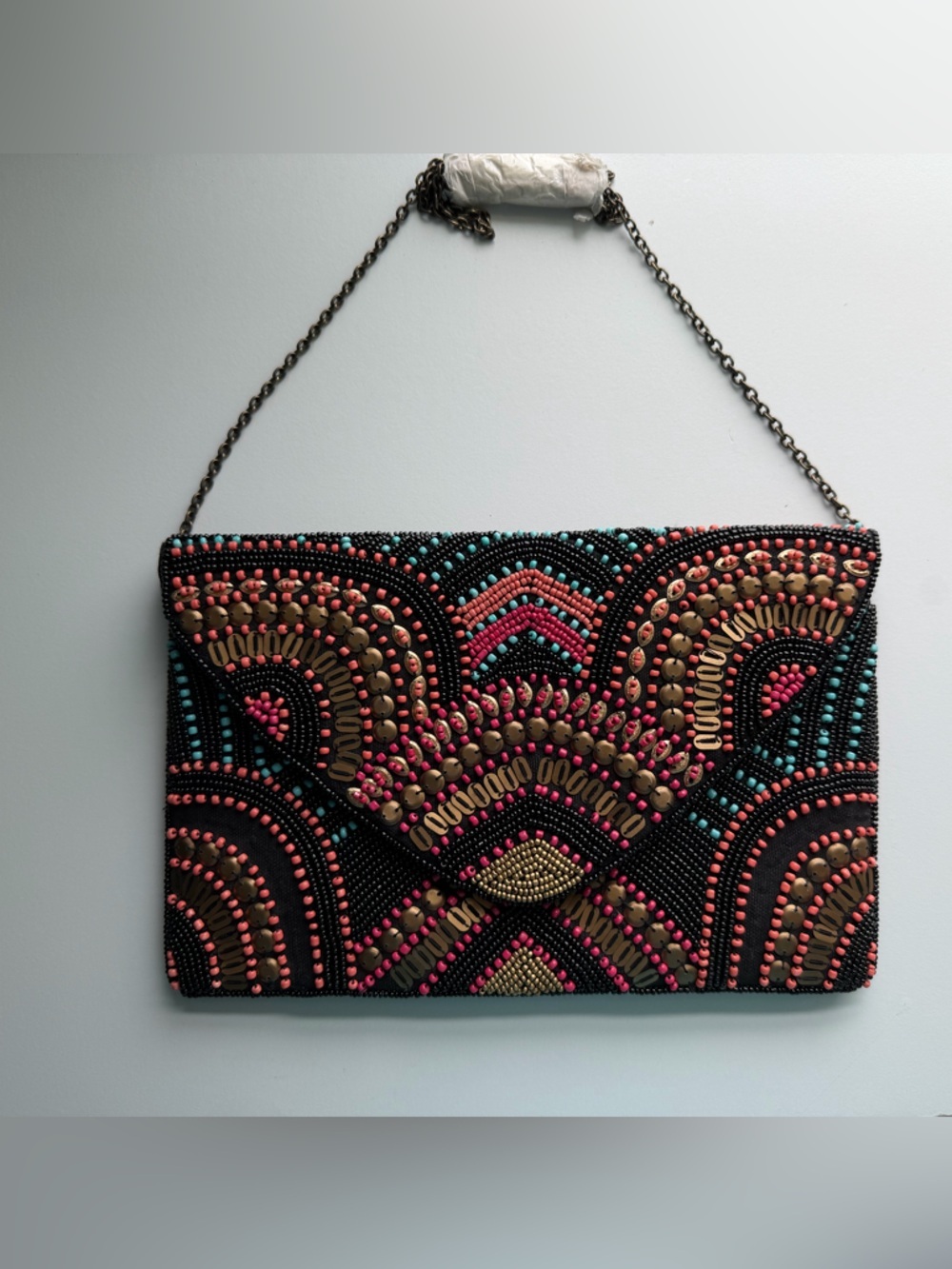 Vintage Sfera Femme Collection Colorful Beaded Purse with Metal Chain Strap